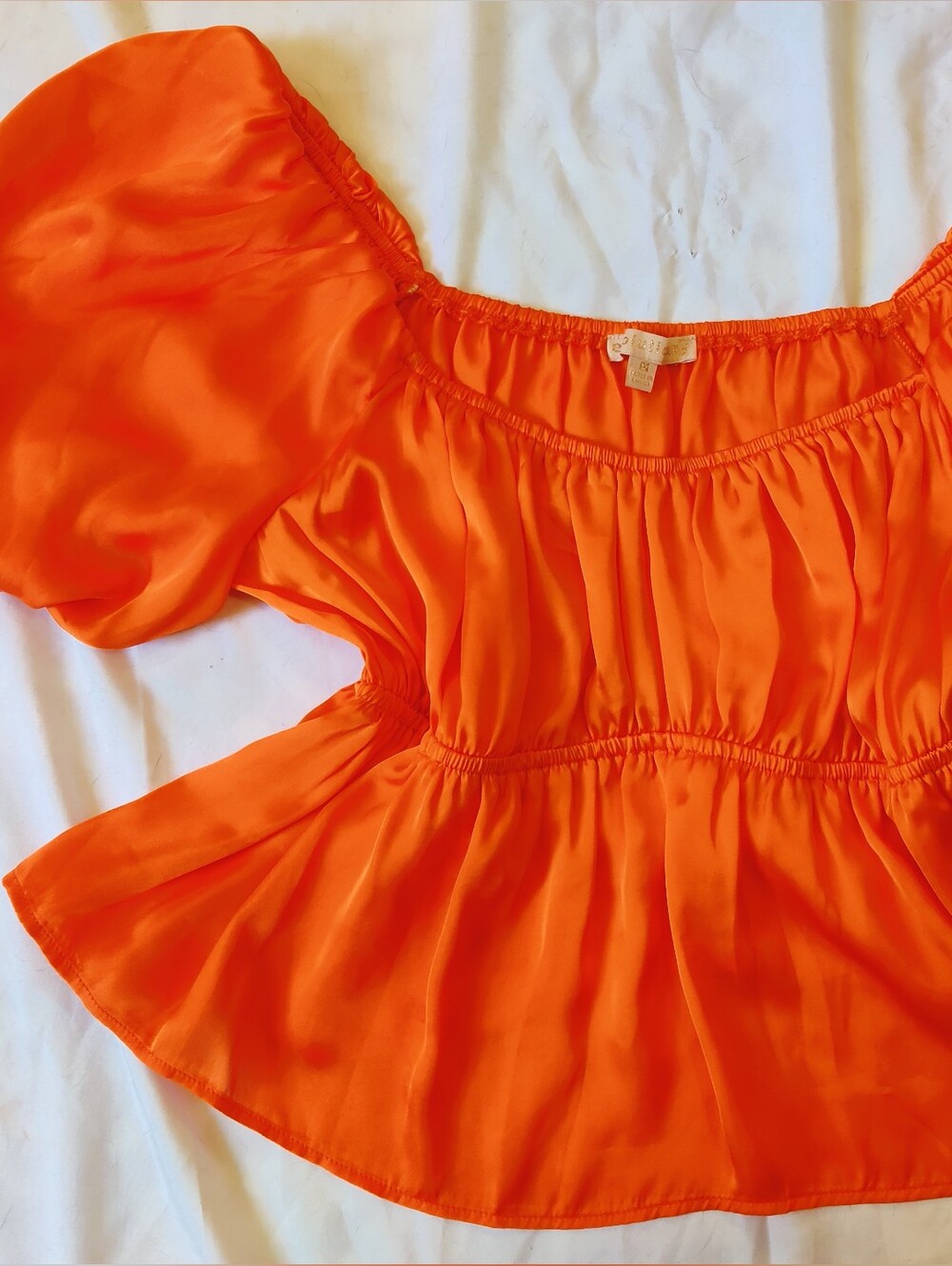 Bright Orange Puff-Sleeve Peplum Blouse